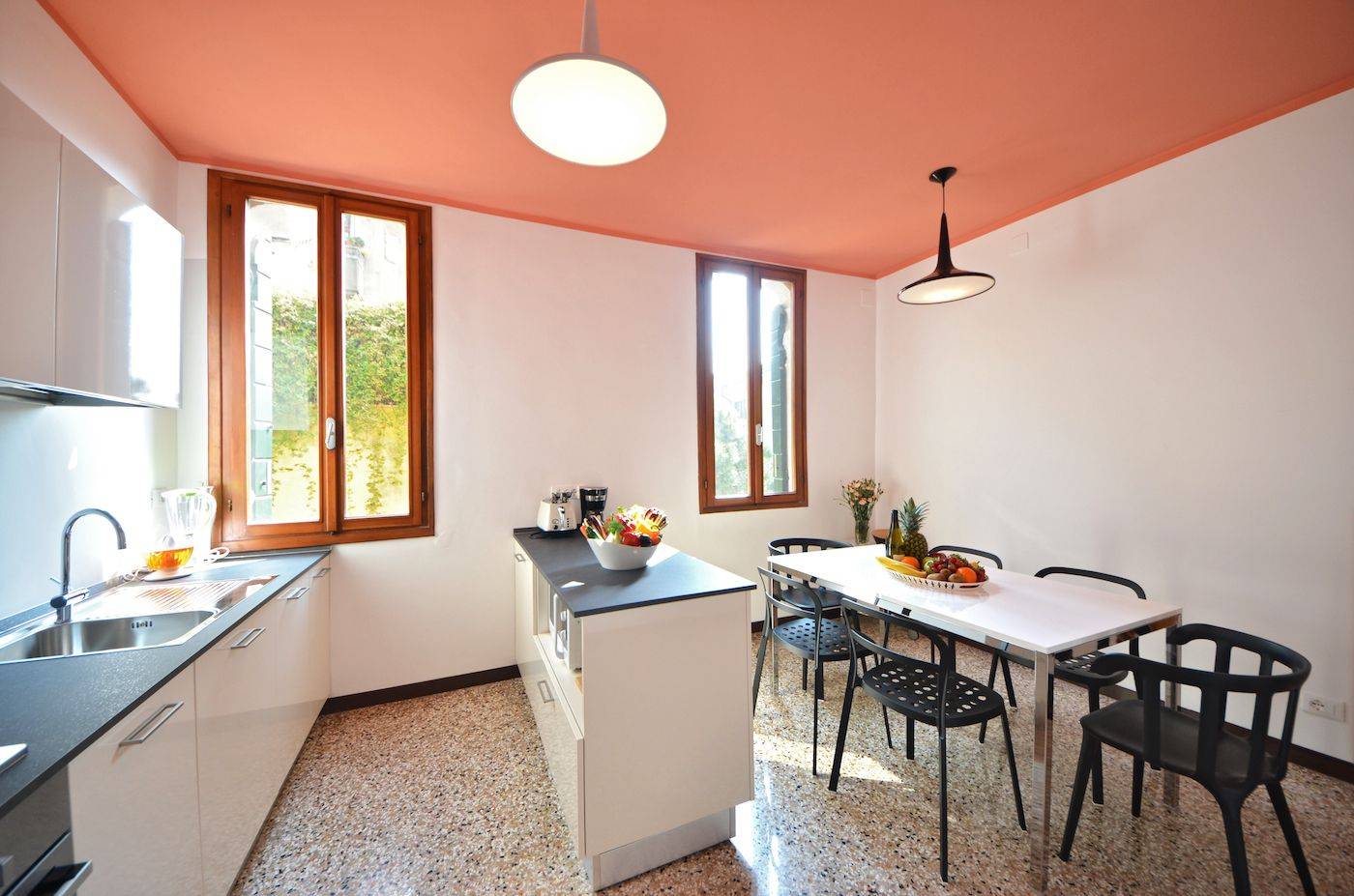 spacious dining room with very functional kitchen and view on gardens