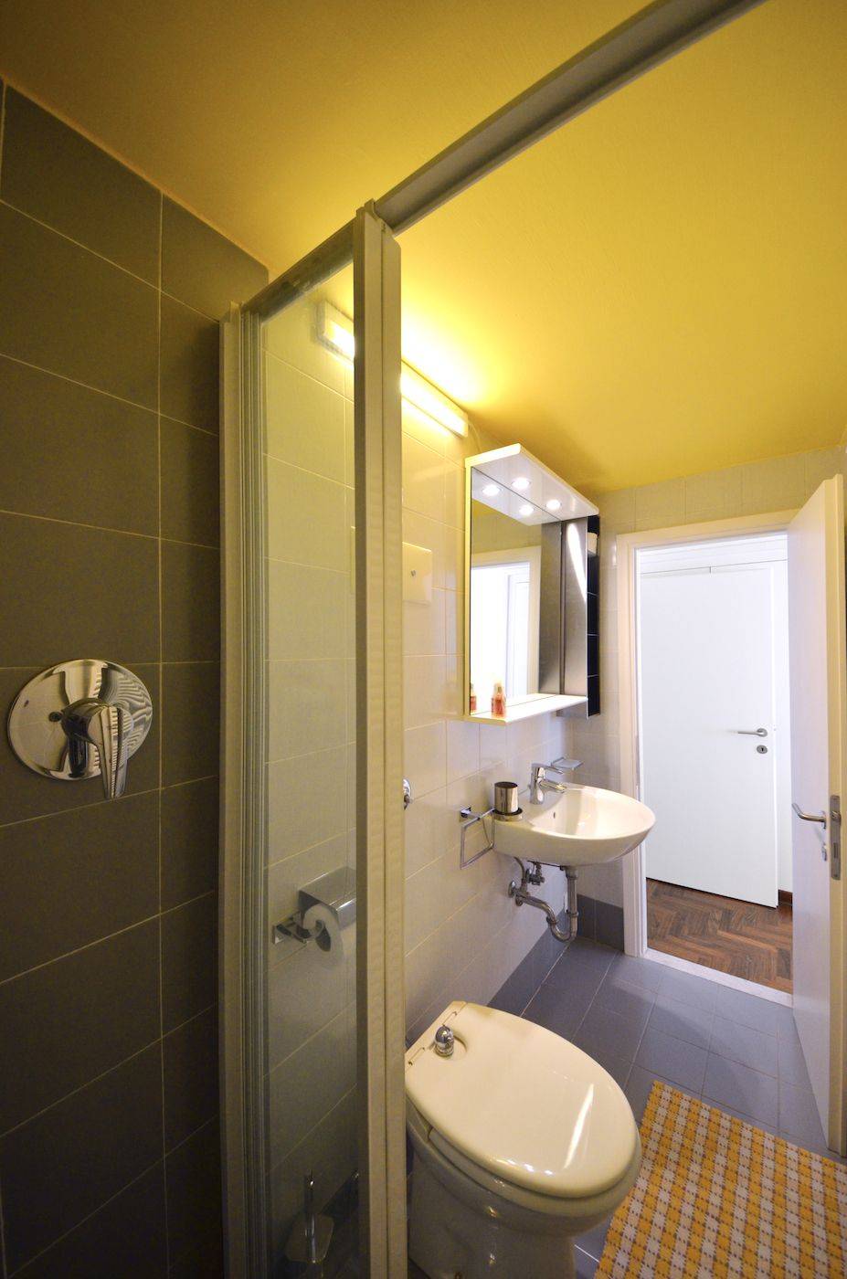 smaller bathroom with shower cabin