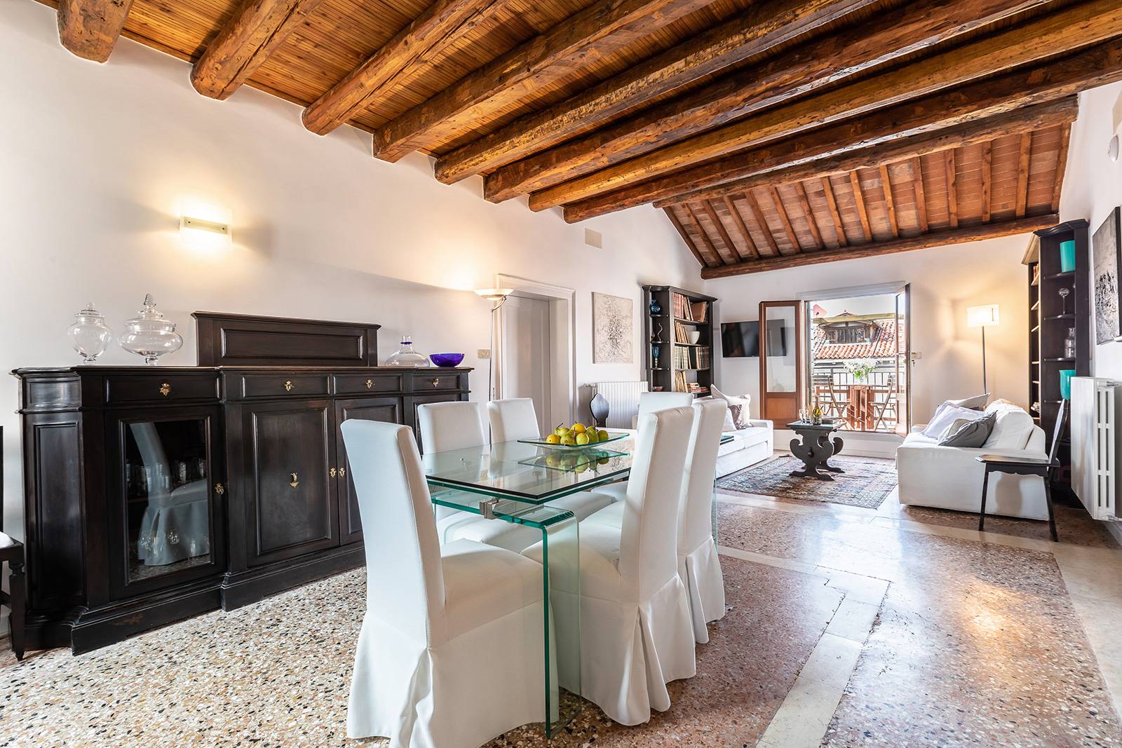 this is a truly Venetian Home with Terrazzo Veneziano flooring and antique wooden beams