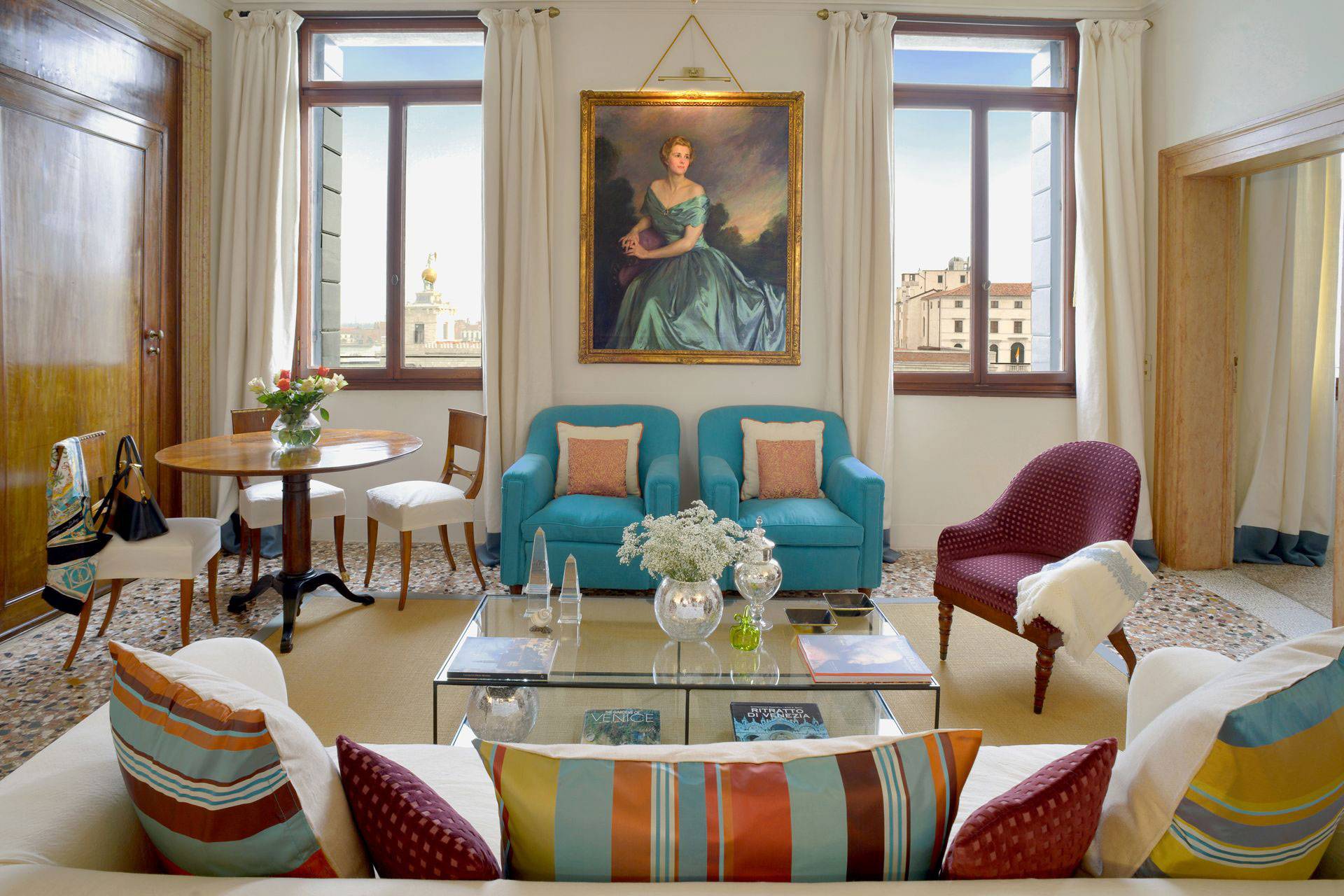 exquisite living room of the Barozzi apartment with Grand Canal view