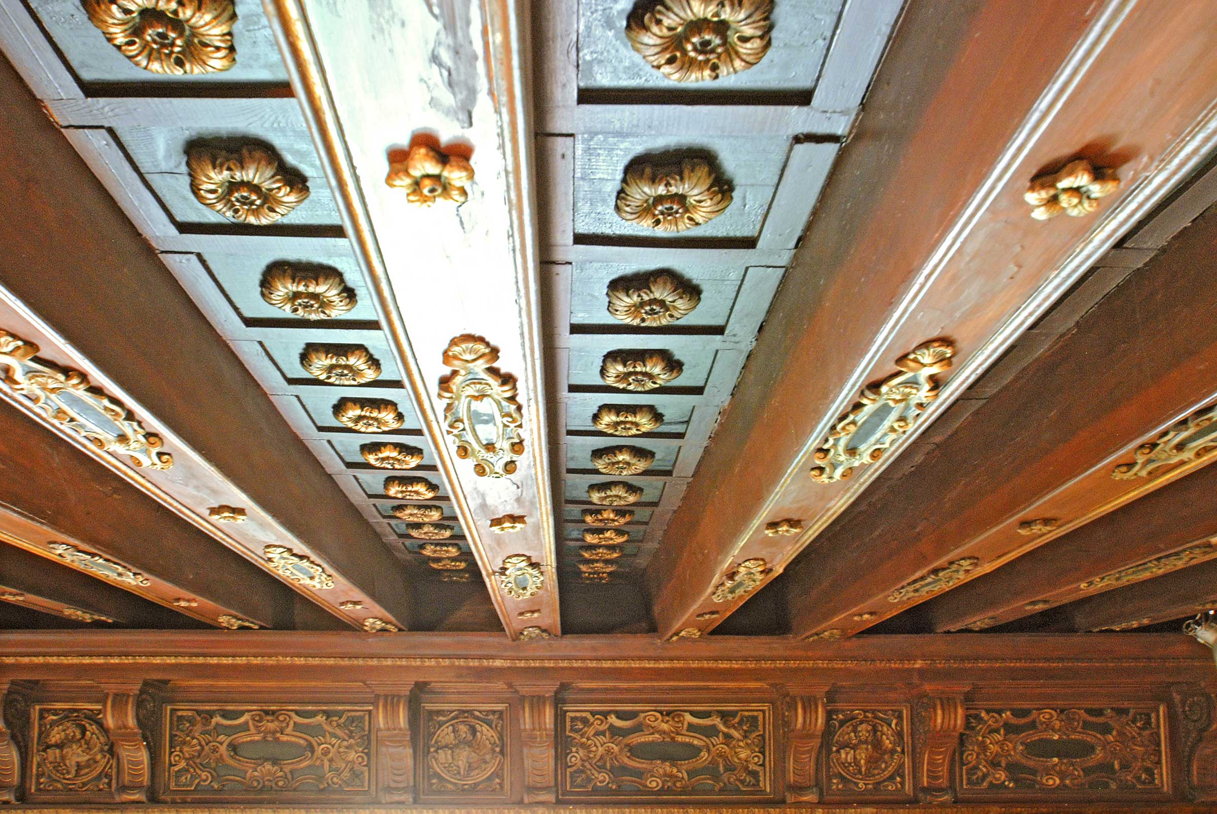 the impressive authentic XVII century wooden ceiling